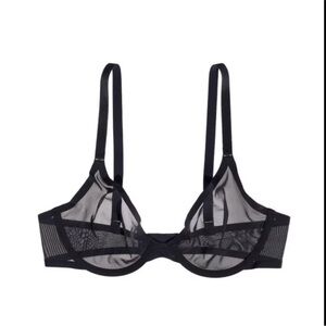 NEW CUUP Black Mesh Sheer Underwire Plunge Bra 34E Sexy Modern Minimalist